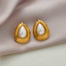 1pair Tiger's Eye Stone Vintage Style Stainless Steel Stud Earrings, With Pearl Inlay For Party And Celebration - Multicolor - View 4