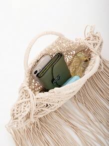 Bolso de playa hecho a mano tejido con flecos para vacaciones - Blanco - Ver 3