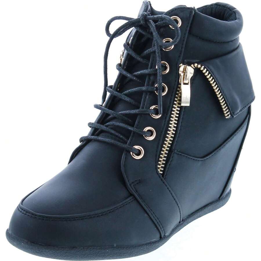 Womens Lace Up Hidden Wedge High Top Fashion Sneakers - 黑色 - 查看 1