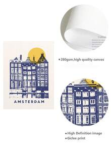 1入組無框帆布牆藝油畫海報，以太陽照耀的背景凸顯代表性的阿姆斯特丹建築，適用於城市裝飾和旅行愛好者，並可放置於客廳或辦公室 - 彩色 - 查看 5