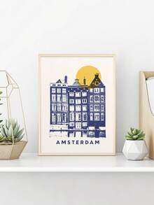 1入組無框帆布牆藝油畫海報，以太陽照耀的背景凸顯代表性的阿姆斯特丹建築，適用於城市裝飾和旅行愛好者，並可放置於客廳或辦公室 - 彩色 - 查看 3