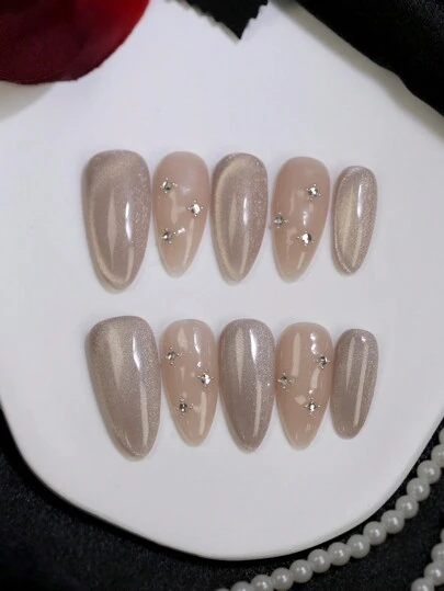 100% 纯手工按压指甲 10 片杏仁指甲片杏色闪亮光泽猫眼手工指甲带闪光水钻指甲饰假指甲片可重复使用适合四季美甲设计日常使用美甲用品指甲