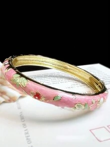1 pieza Pulsera bohemia nueva y elegante estilo con esmalte champlevé chapado en oro y patrón floral, adecuada como joyería para mujeres y niñas