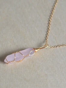 1入組天然白水晶六角柱吊墜手工鍍金銅線包裹項鍊 - 粉晶 - 查看 1