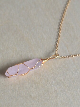 1入組天然白水晶六角柱吊墜手工鍍金銅線包裹項鍊