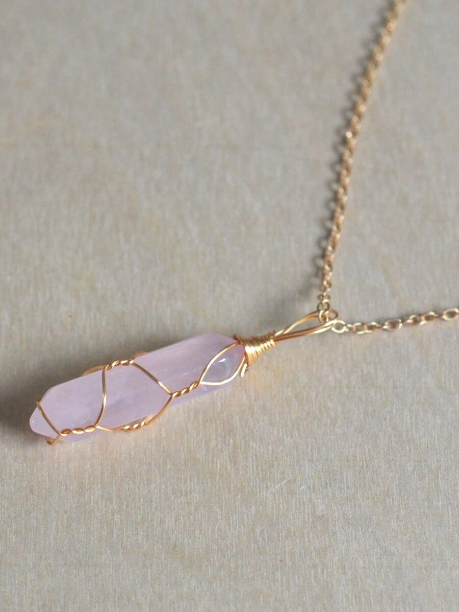 1入組天然白水晶六角柱吊墜手工鍍金銅線包裹項鍊 - 粉晶 - 查看 1