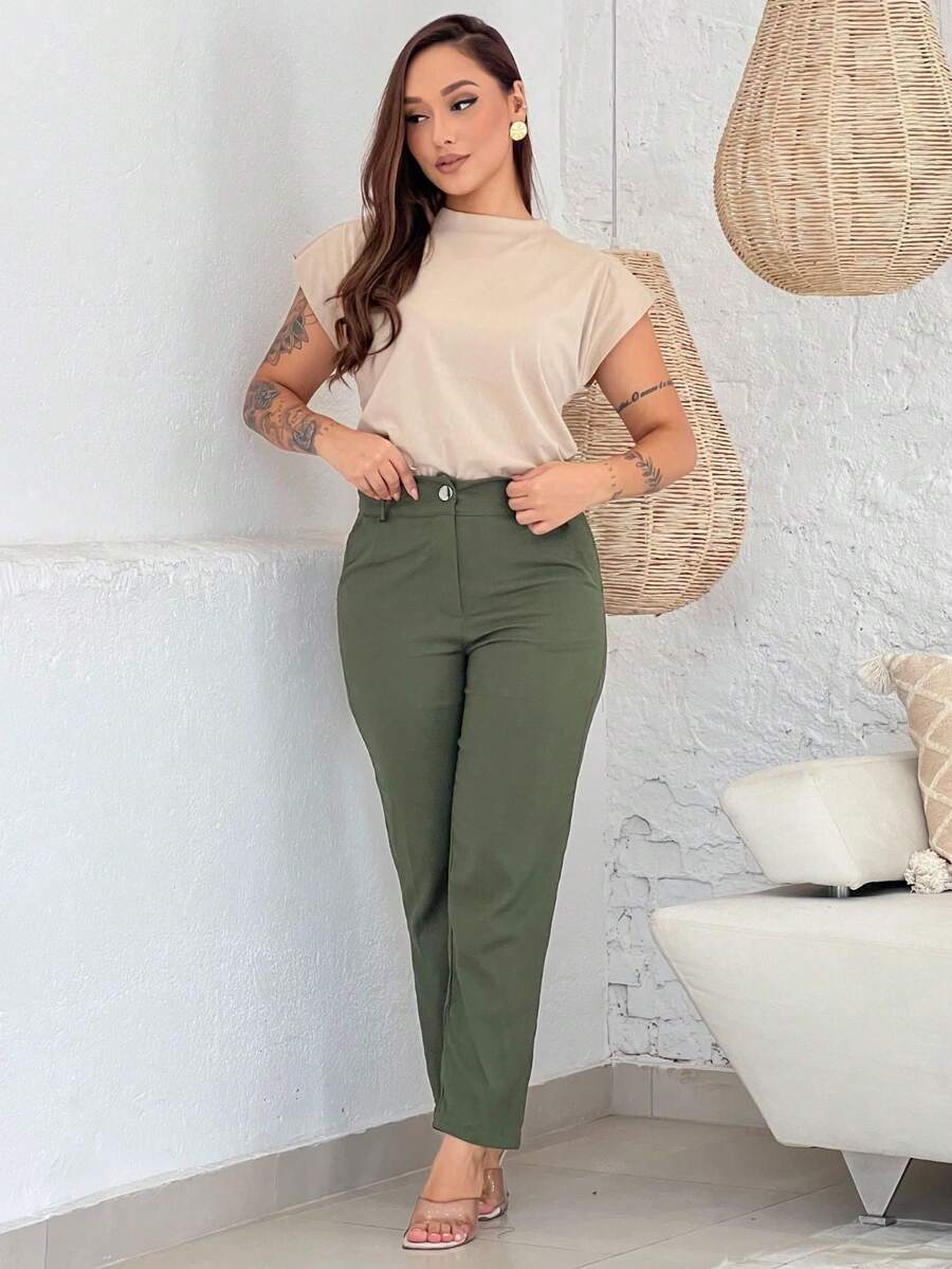 Calça feminina tecido linho com bolso tamanho p 36-38 m 38-40 g 40-42 - Verde Militar - Visão 1