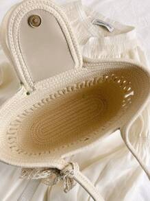 Fashionable Large Capacity Woven Straw Tote, Casual Bag With Scarf Decoration, Hollow Out Rope Design Handbag, Shoulder Bucket Bag For Summer Beach, Women's Bag With Flip Pearl Decoration, Versatile, Vacation Bag For Summer, Beach Purse, Perfect For Summer, Vacation & Daily Use, Travel Must Haves, Hottest Beach Bags - Beige - View 10