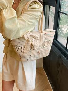 Tropiscape 时尚大容量编织草编手提包，休闲包，饰有丝巾，镂空绳编设计，夏季沙滩单肩水桶包，女士翻盖仿珍珠装饰包，百搭实用，夏季度假包，沙滩包，完美适用于夏季、度假和日常使用，旅行必备，秋季、圣诞节、冬季圣诞礼物 - 米色 - 查看 5