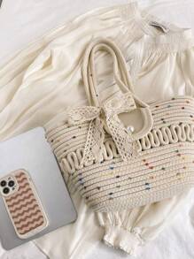 Tropiscape 时尚大容量编织草编手提包，休闲包，饰有丝巾，镂空绳编设计，夏季沙滩单肩水桶包，女士翻盖仿珍珠装饰包，百搭实用，夏季度假包，沙滩包，完美适用于夏季、度假和日常使用，旅行必备，秋季、圣诞节、冬季圣诞礼物 - 米色 - 查看 10