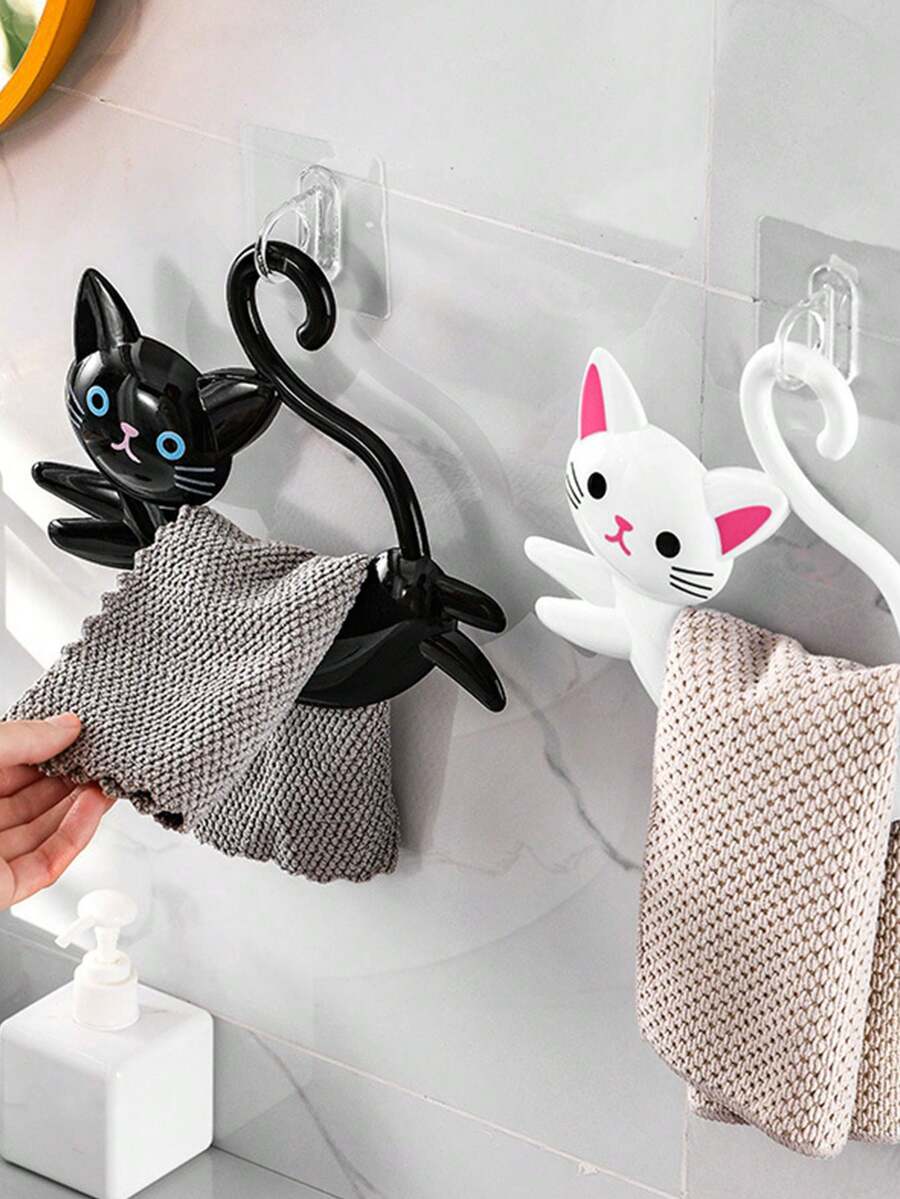1pc Cat-Shaped Towel Rack With Suction Cup, No Drill Bathroom Storage Rack, Kitchen Hand Towel Hook - Multicolor - View 1