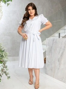 vestido gode estampado plisado com faixa - Branco - Visão 5