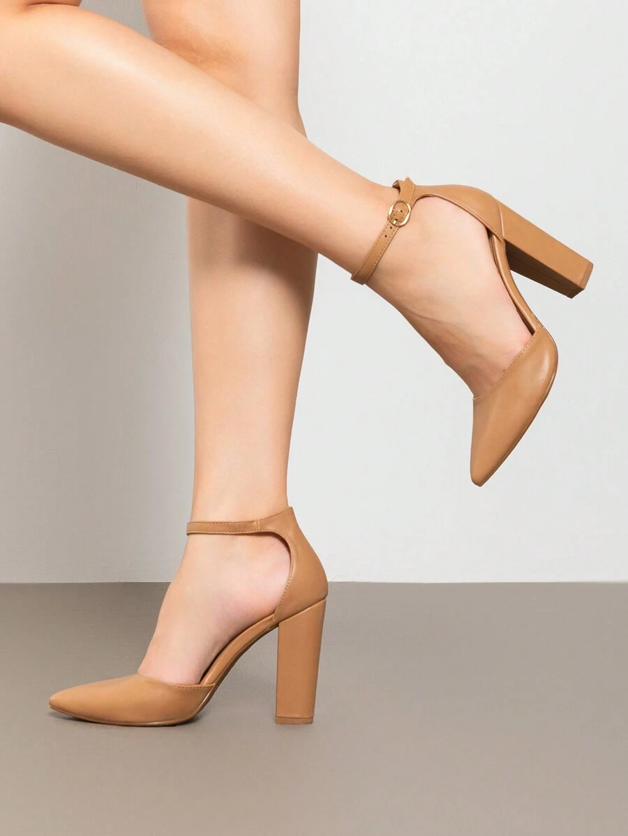 Women Ankle Strap Chunky Heel High Heels Pumps Closed Pointed Toe Fashionable Elegant Wedding Pump Shoes - 杏色/PU - 查看 1