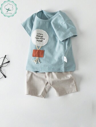 2pcs/Set Boys Casual Crew Neck Short Sleeve Top And Shorts Set