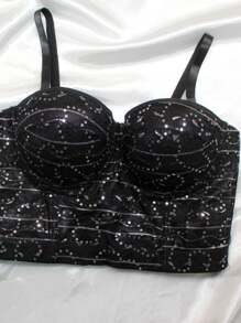 Tob brillante con lentejuelas, encaje y almohadillas, ajusta de la espalda y tirantes, comodo y fresco - Negro - Ver 5