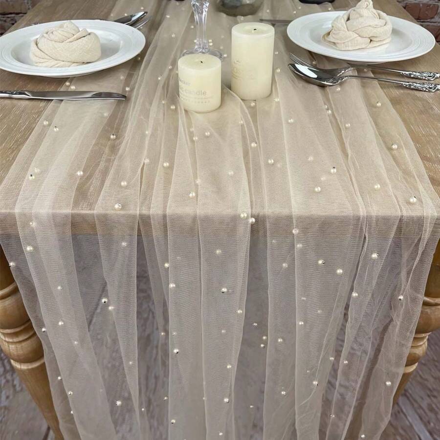 Faux Pearl Decor Table Runner, Wedding White Pearl Gauze Table Runner, Extra Long Table Runner For Wedding Arch Decoration Reception Bride Gift - Champagne - View 1