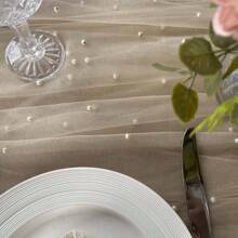 Faux Pearl Decor Table Runner, Wedding White Pearl Gauze Table Runner, Extra Long Table Runner For Wedding Arch Decoration Reception Bride Gift - Champagne - View 2