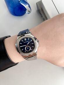 Men Fashion Square Dual Display Business Watch, Waterproof With Stainless Steel Strap, Suitable For Daily Wear, Parties, Festivals Or As A Gift - Blue - View 3