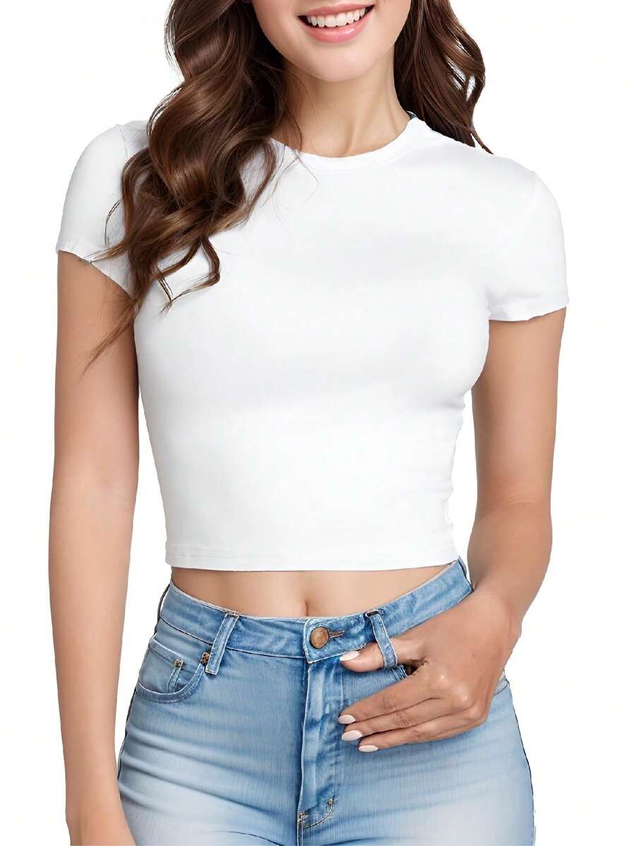 女士圓領修身短袖T恤 - 白色 - 查看 1