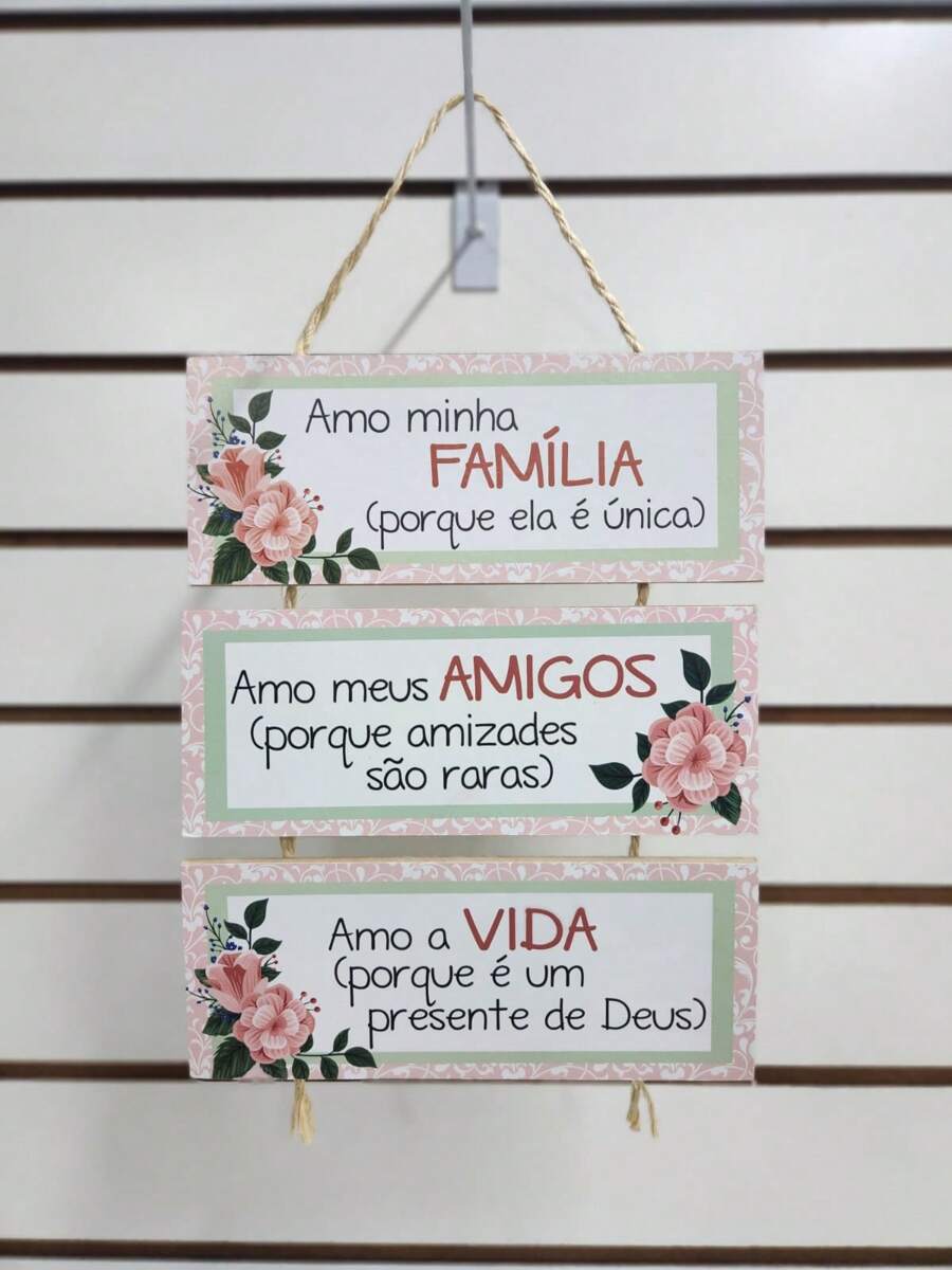 Placa com Corda 3 Peças Amo Minha Família - Multicolorido - Visão 1