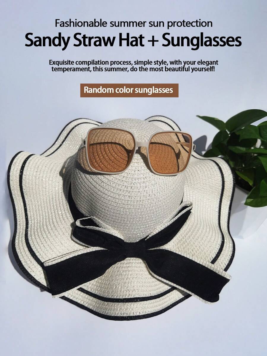 1pc Fashionable Bowknot Women's Sun Hat With Gradient Sunglasses, Ideal For Beach Vacation. Includes Wave Edge Ladies' Sun Hat With Wide Brim And Sunglasses (Random Shipment Of Glasses).