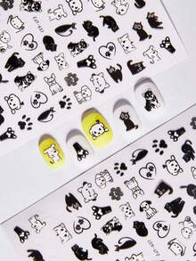 1片黑白動物圖案指甲藝術貼紙，5D浮凸簡單線條風格貓狗圖案少女手指甲藝術DIY裝飾貼紙 - 彩色 - 查看 3