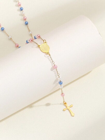 1pc Fashion Classic Style Rosary Multi Colors Faux Pearl Beads Stainless Steel Cross Pendant Chain Rosenkranz Necklace Jewelry For Women Girls