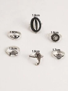 imoli 6 Chiếc Nhẫn Hợp Kim Phong Cách Cổ Điển Mắt, Rùa, Dứa, Cánh Hoa, Cá Ngựa, Vỏ Bộ Nhẫn Bạc Chủ Đề Đại Dương Dành Cho Quà Tặng Tiệc Nữ (Hiệu ứng bôi đen là ngẫu nhiên) - Nhiều màu - Xem 7