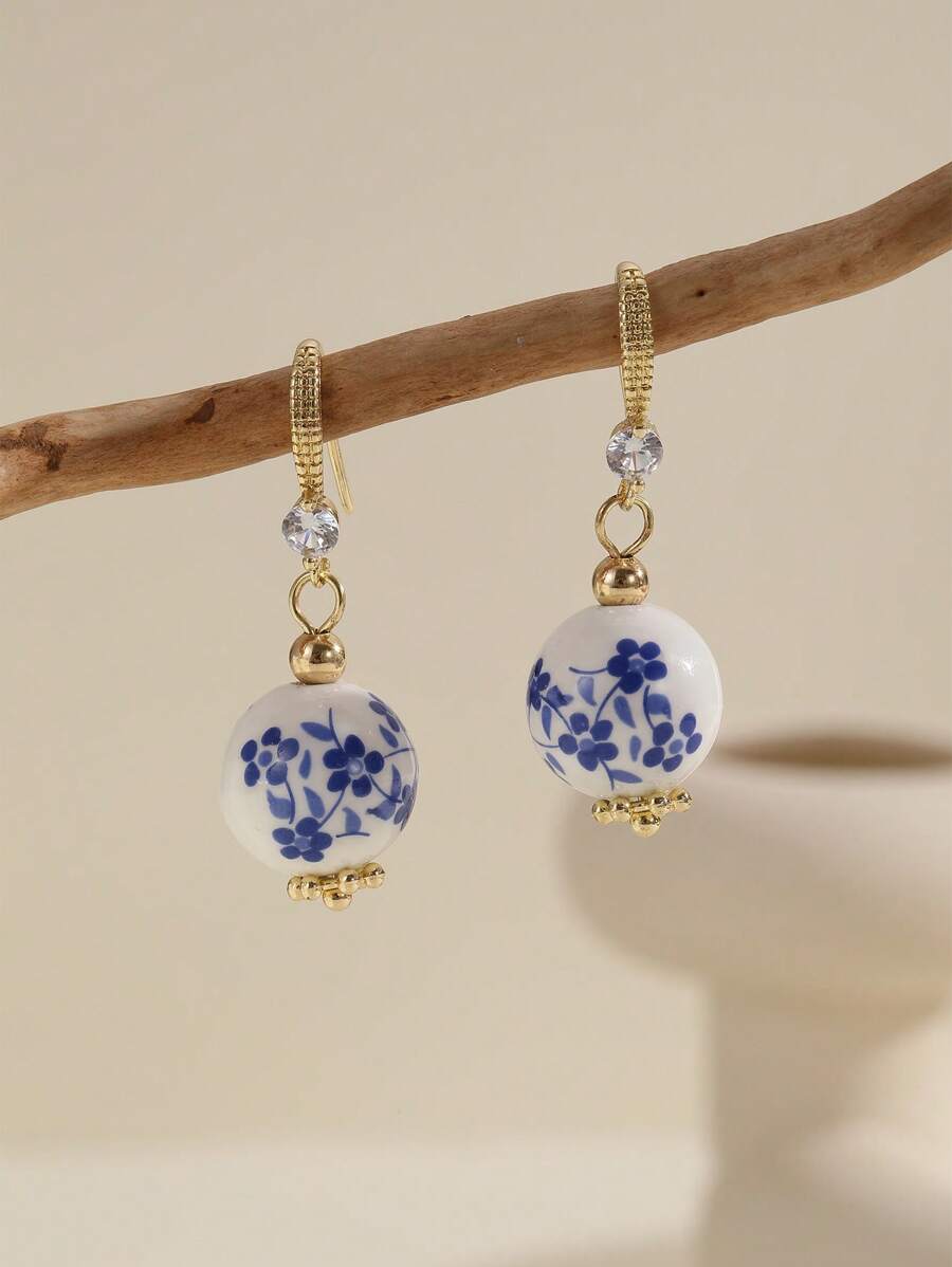 1pair Vintage Ceramic Blue Print Bead Earrings, Copper Antique Style Blue And White Porcelain Ear Drops For Women's Daily Wear - 多色D - 查看 1