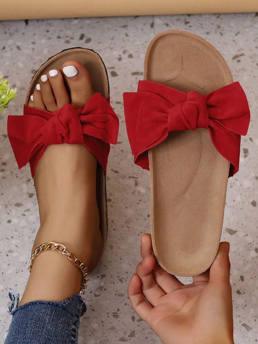 蝴蝶結裝飾女士平底涼鞋，時尚百搭平底鞋，戶外夏秋沙灘拖鞋，紅色鞋子 - 紅色 - 查看 1