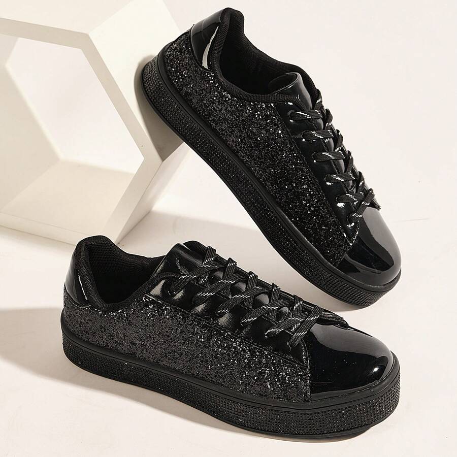 女士閃亮網球運動鞋，霓虹彩色派對閃亮運動鞋，鑽石閃亮婚禮新娘鞋，閃爍亮片鞋 - 黑色 - 查看 1