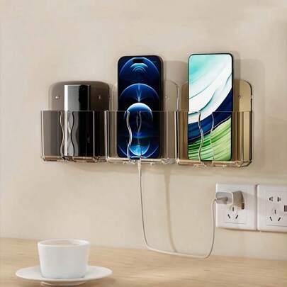 1入組壁掛式遙控器及手機架，免打孔充電支架，透明設計儲物盒，適用於電視和空調遙控器，省空間組織家用物品