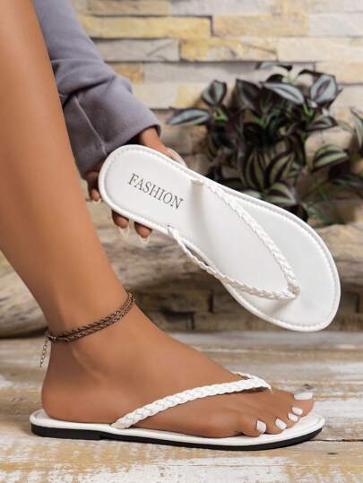 Sommar Dam Öppen Tå Platta Sandaler Flip-Flops Med Flätad Rem Lätta Dagliga Casual Tofflor