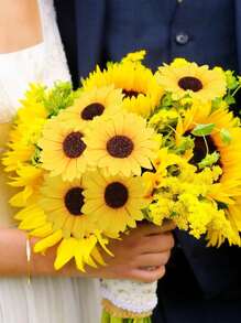 1 chiếc Boutonniere hướng dương dành cho chú rể có nơ, ruy băng và dây bện lá xanh, kẹp ghim cài áo bằng hoa hướng dương màu vàng Satin, phụ kiện phù hợp với phù rể và khách mời Hoa ngực, băng đô hướng dương, vương miện hướng dương, trang trí tiệc cưới cho nam và nữ - Nhiều màu - Xem 3