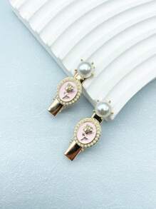 2入組女士玫瑰花合金珍珠精美髮夾邊夾短夾