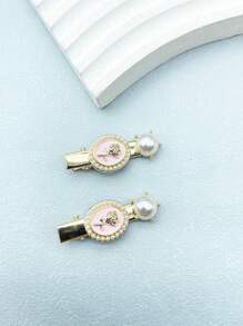 2入組女士玫瑰花合金珍珠精美髮夾邊夾短夾