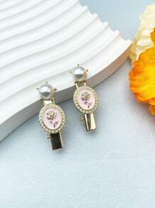 2入組女士玫瑰花合金珍珠精美髮夾邊夾短夾