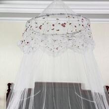 繡花花邊床幔，優雅花卉圖案-針織聚酯紗床帳幔，圓頂頂部公主遊戲帳篷，無支架，可機洗，粉色 - 白色 - 查看 1