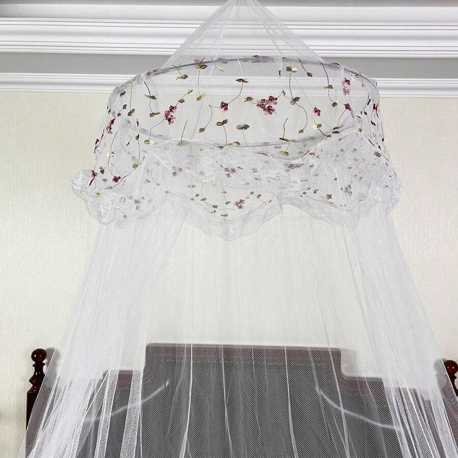 繡花花邊床幔，優雅花卉圖案-針織聚酯紗床帳幔，圓頂頂部公主遊戲帳篷，無支架，可機洗，粉色 - 白色 - 查看 1