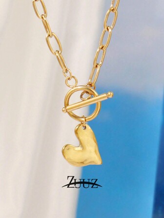 Retro rostfritt stål hjärthalsband Guldfärg Kärlekshänge Choker Chain Halsband För Kvinnor Krage Smycken Festpresenter Alla hjärtans dag,Mamma,Mors,Mors dag,Gåva