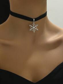 1入時尚復古簡約聖誕雪花鑲嵌鑽石頸圈項鍊，適用於秋冬 - 銀色 - 查看 3