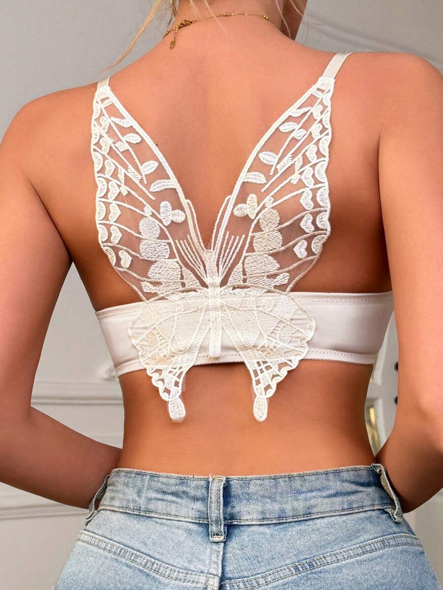 1pc Sexy Front Closure Backless Women's Bra With Butterfly & Water-Soluble Flower Decoration - White - View 1