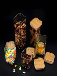 Kit 3 potes de vidro herméticos com tampa de bambu Quadrado 300 ml 400 ml 500 ml