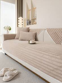 1入組兔子毛絨條紋沙發套，適用於1-2-3-4人座沙發，附背墊扶手套，全季節防滑