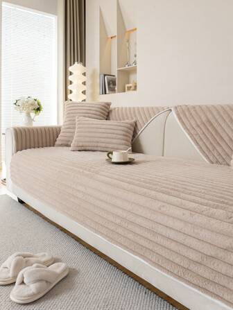 1入組兔子毛絨條紋沙發套，適用於1-2-3-4人座沙發，附背墊扶手套，全季節防滑