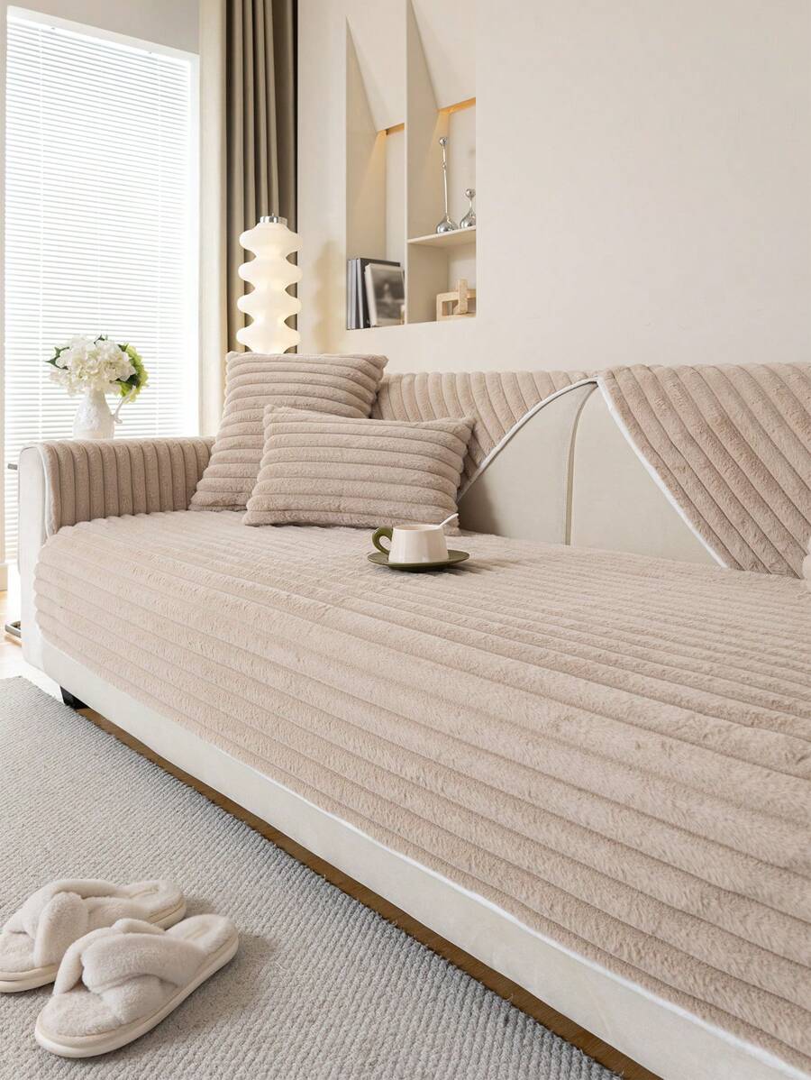 1入組兔子毛絨條紋沙發套，適用於1-2-3-4人座沙發，附背墊扶手套，全季節防滑