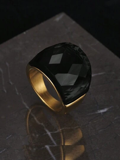 Anillo de moda para mujer en acero inoxidable negro con circonia cúbica y baño de oro de 18K