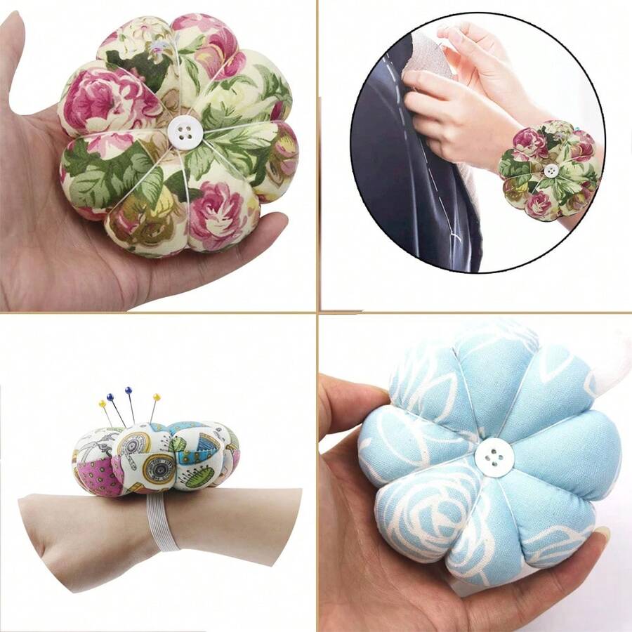 鄉村風格南瓜形針墊，歐式花卉手腕針墊裁縫套件，DIY針墊用於3D裝飾和佩戴 - 紫色 - 查看 1