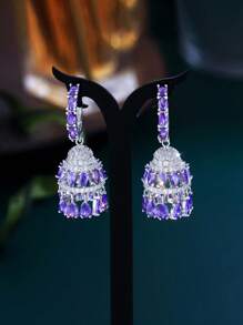 1 Cặp Hoa tai vòng tròn dài đính đá Cubic Zirconia màu tím sáng bóng sang trọng hình giọt nước trang sức Jhumkas dành cho phụ nữ tiệc cưới phụ kiện cô dâu - Màu tím - Xem 5