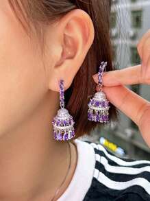 1 Cặp Hoa tai vòng tròn dài đính đá Cubic Zirconia màu tím sáng bóng sang trọng hình giọt nước trang sức Jhumkas dành cho phụ nữ tiệc cưới phụ kiện cô dâu - Màu tím - Xem 7